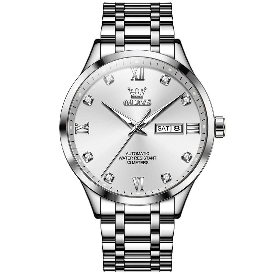 Waterproof Quartz Watch with Diamond Roman Scale for Men - White + Silver