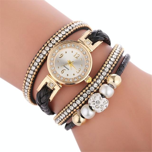 Women Beige Woven Pearl Bracelet Watch - Round Analog Quartz - Red