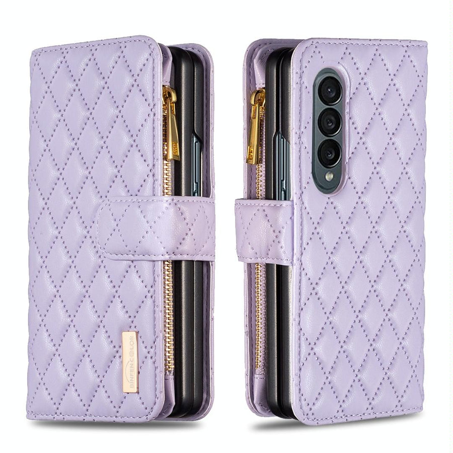 For Samsung Galaxy Z Fold4 5G Leather Zip Wallet - Diamond Lattice Design - Purple