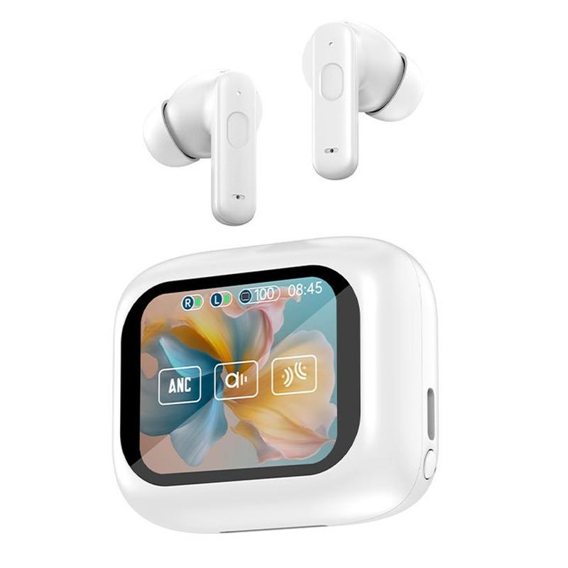 Wireless Bluetooth Earphones with Touch Screen & Noise Reduction - White