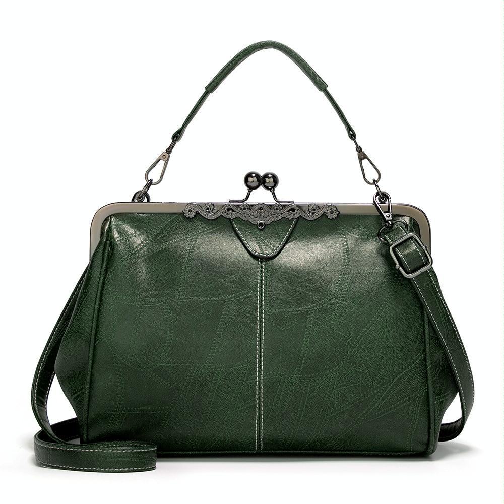 Adjustable Leather Crossbody Bag with Vintage Buckle - Green