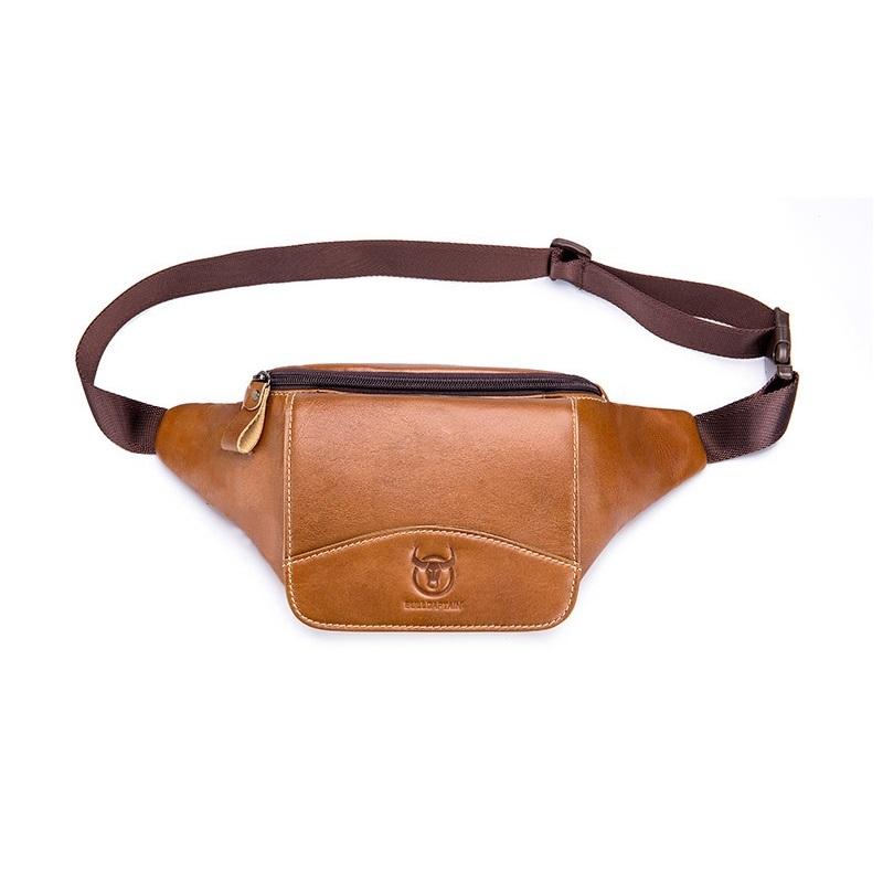 Large Capacity Cowhide Waist Bag For Men - Yellow Brown