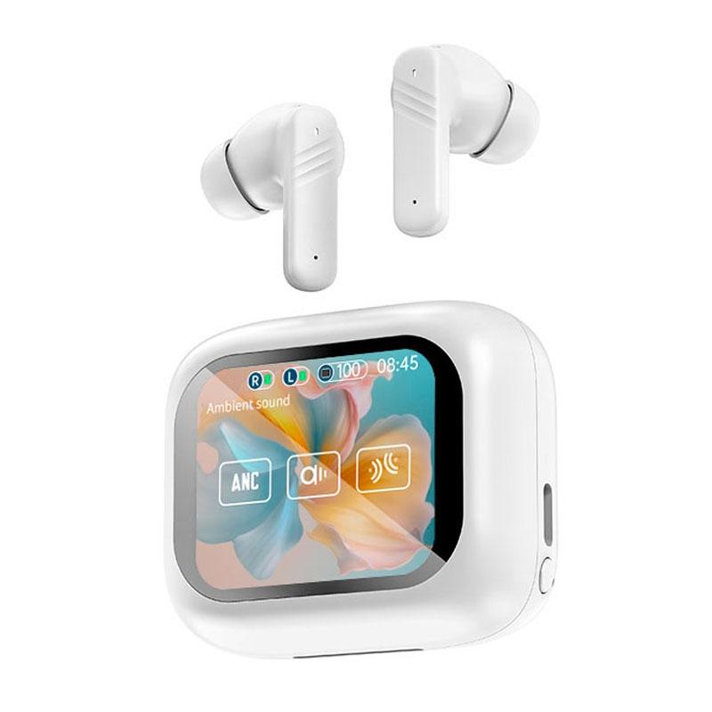 Wireless Bluetooth Earphones with Touch Screen Anc and Dual Noise Reduction - White