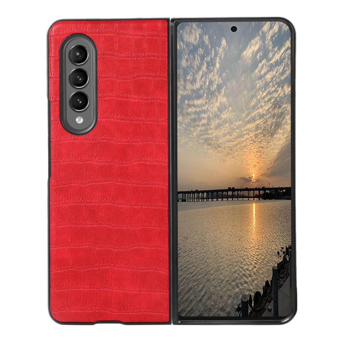 For Samsung Galaxy Z Fold4 5G Foldable Crocodile Texture Phone Case - Pu Leather - Red