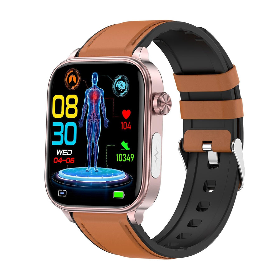 1.96 Inch Colour Screen Smart Watch Leather Strap Support Bluetooth Call / Ecg - Brown