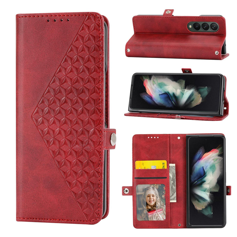 For Samsung Galaxy Z Fold4 5G Textured Leather Phone Case - Cubic Grid Design - Red