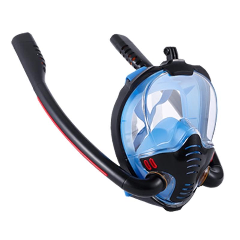 Full Dry Silicone Diving Mask for Adults - Double Tube - Black/Blue