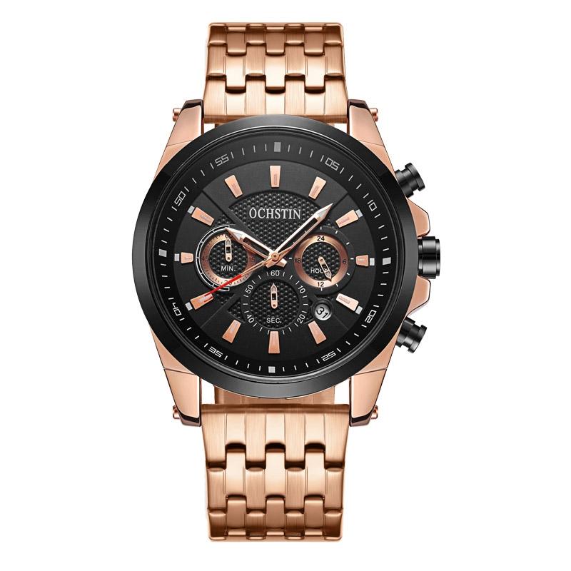 Multifunctional Steel Strap Men Watch - Fashionable Quartz - Rose Gold Black