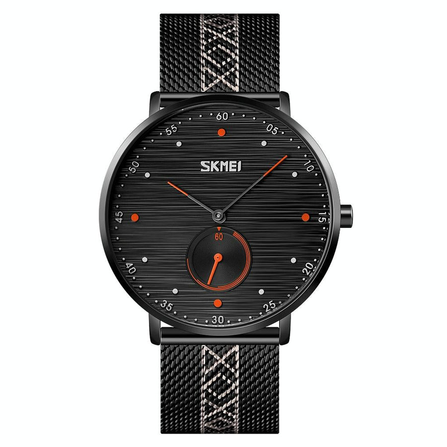 Men Striped Arabic Numeral Mesh Quartz Watch - Horizontal Design - Orange