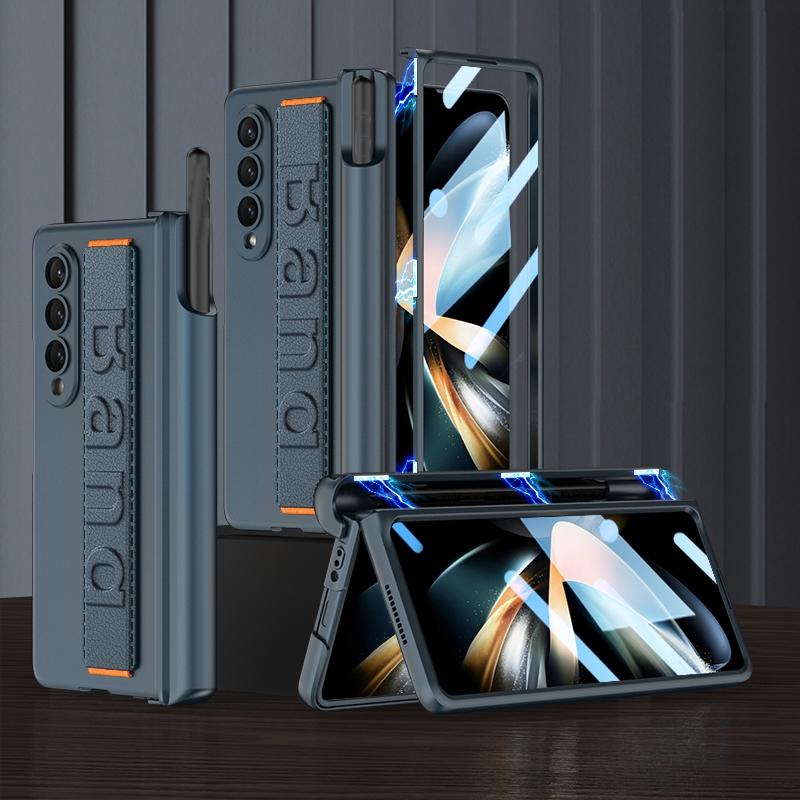 Samsung Galaxy z Fold 4 Shockproof Magnetic Fold Case with Wrist Strap - Navy Blue
