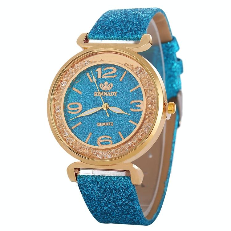 Gold Rhinestone Quartz Watch with Pu Leather Strap for Women - Blue