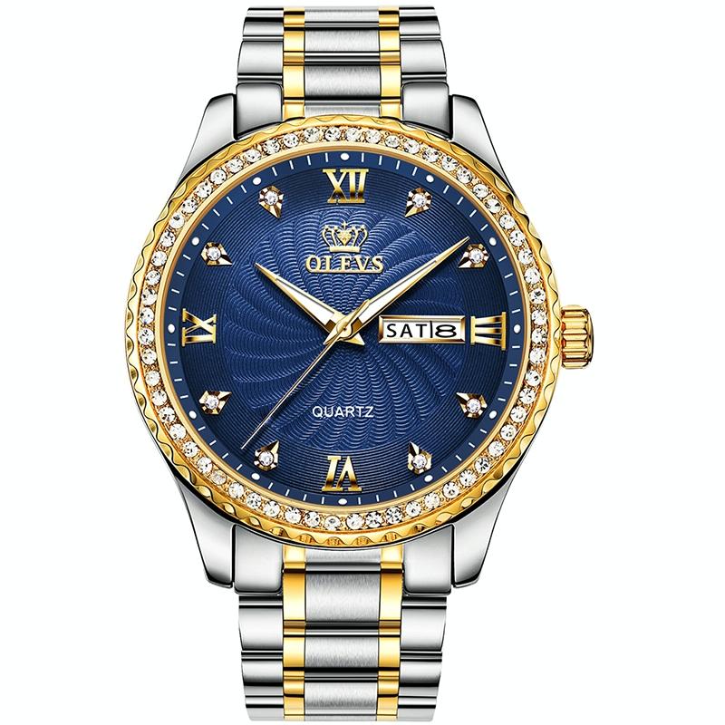 Waterproof Diamond Quartz Watch for Men with Stainless Steel Strap - Blue