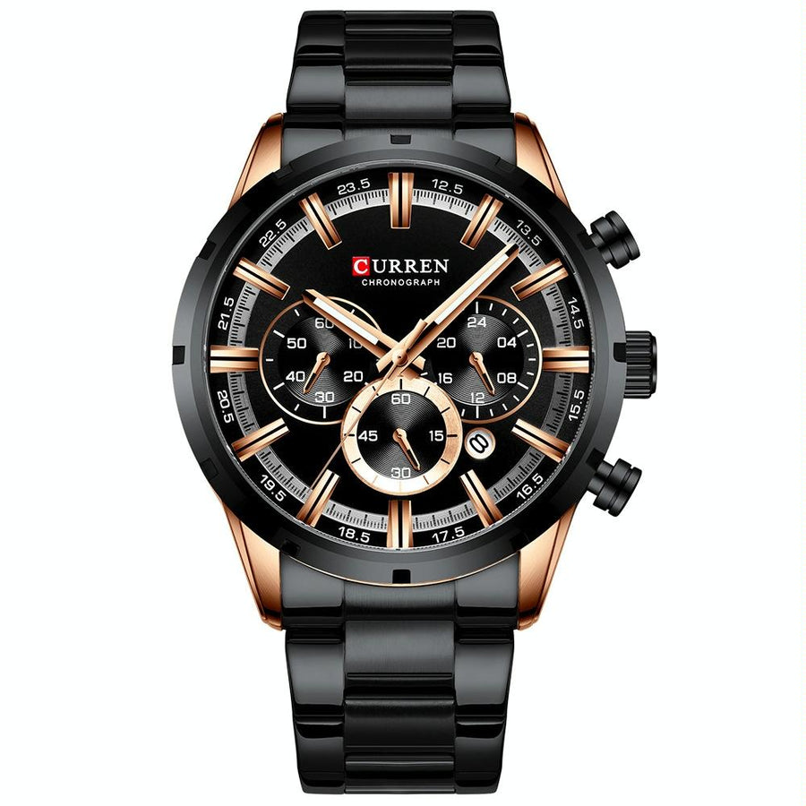 Waterproof Men Business Watch with Quartz Movement and Steel Belt - Rose Shell Black