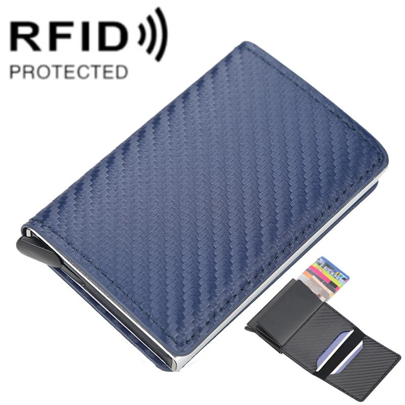 Rfid-protected Plaid Leather Wallet with Automatic Card Ejector - Blue