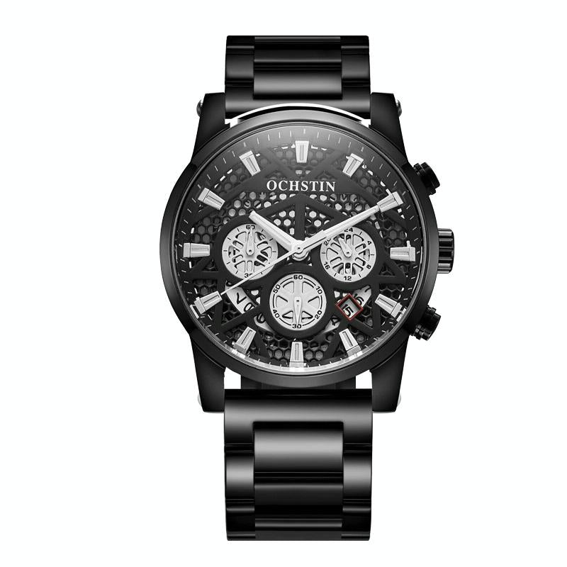 Waterproof Multifunctional Men Watch with Quartz Movement and Steel Strap - Black