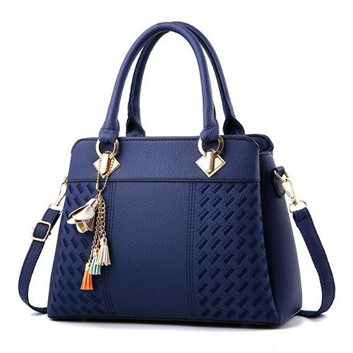 Simple Style Women Leather Crossbody Bag with Tassel Embroidery - Dark Blue