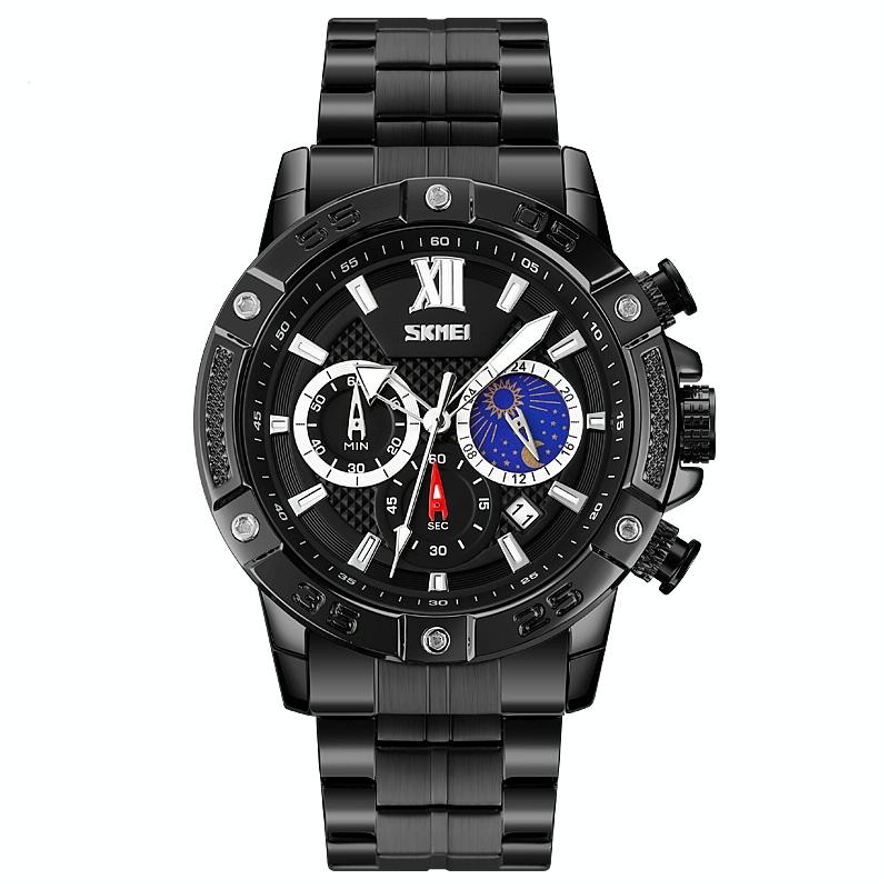 Stainless Steel Men Moonphase Quartz Watch with Strap - Black