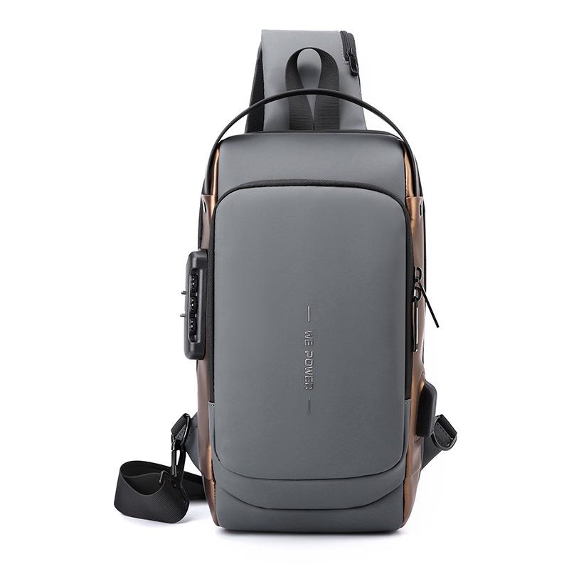 Anti Theft Men Chest Bag With Password Lock Secure Locomotive Messenger Bag - Grey Brown