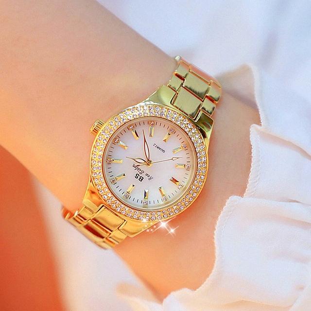 Women Round Diamond Watch with Alloy Strap - Gold