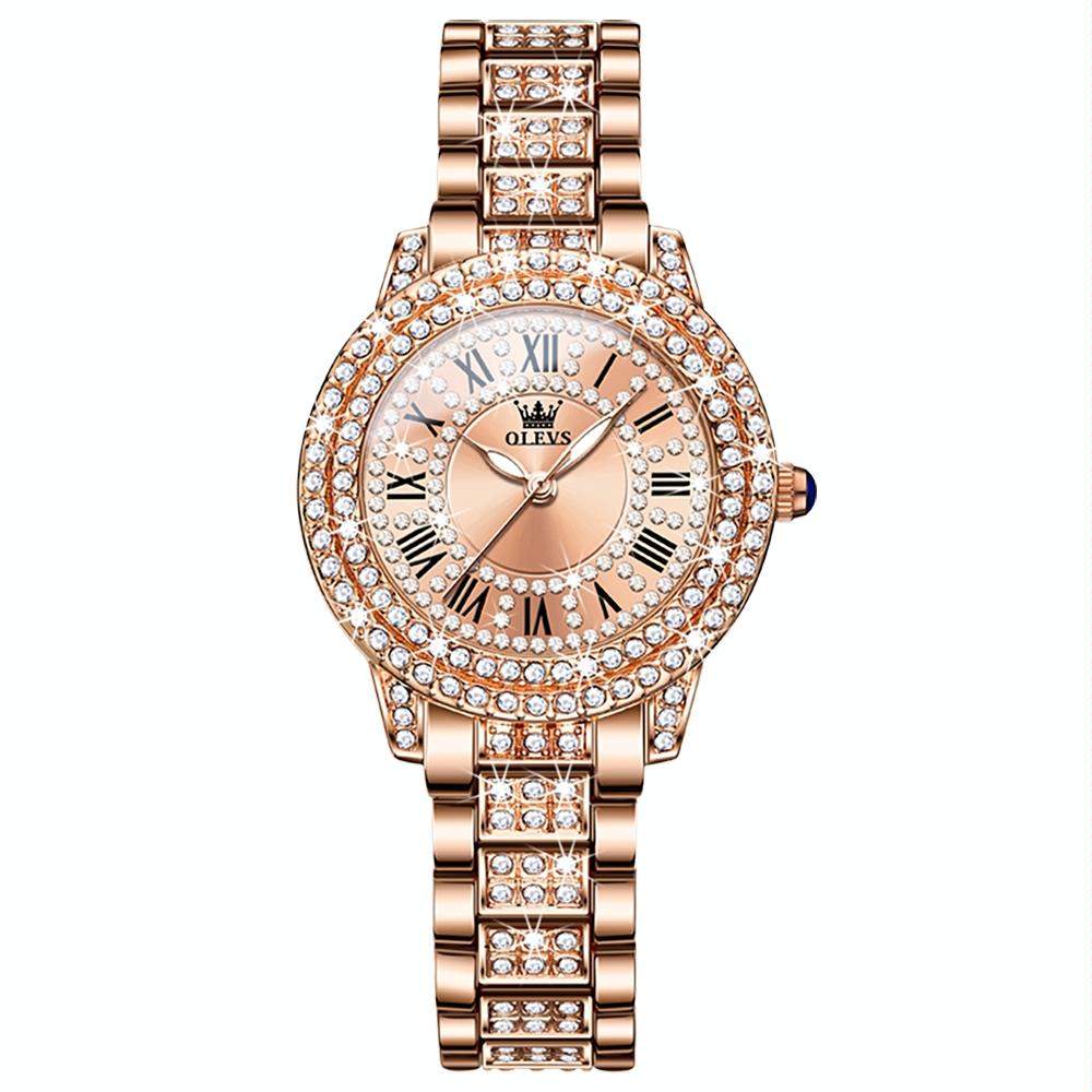 Waterproof Diamond Women Quartz Watch - Rose Gold Roman