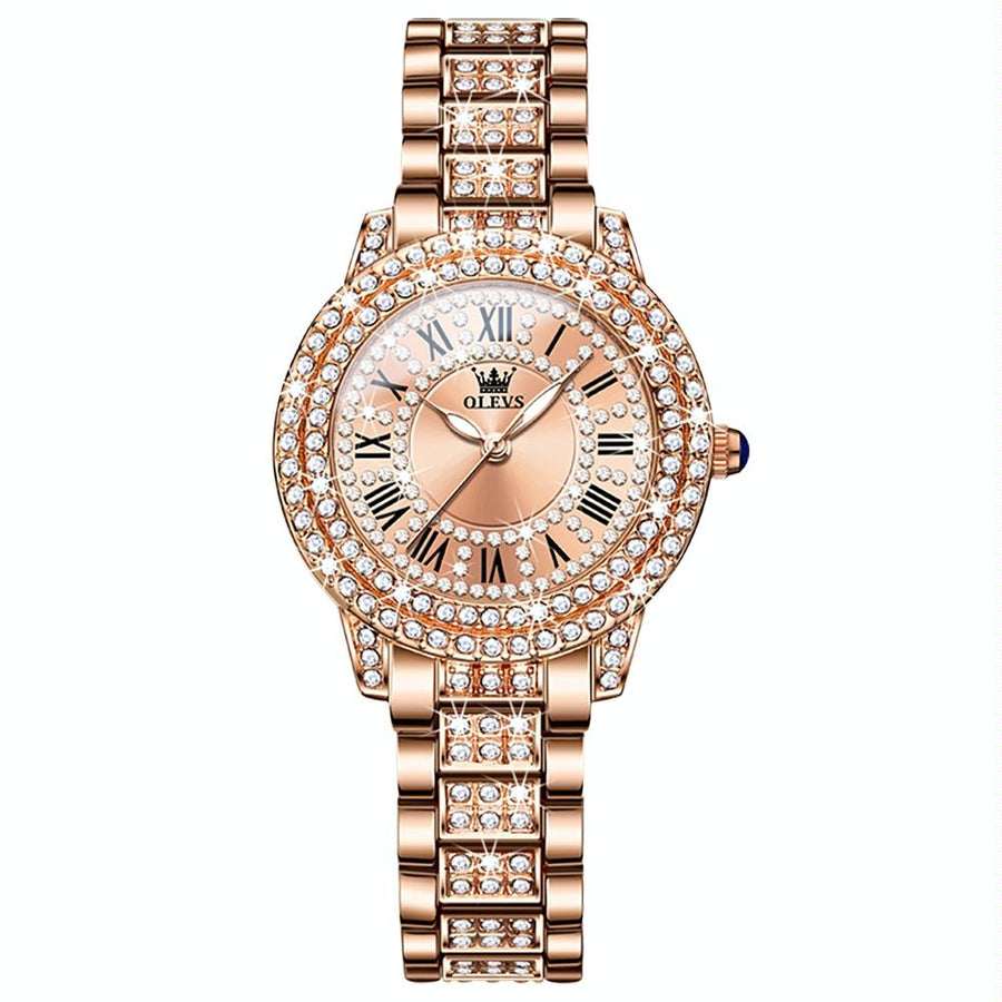 Waterproof Diamond Women Quartz Watch - Rose Gold Roman