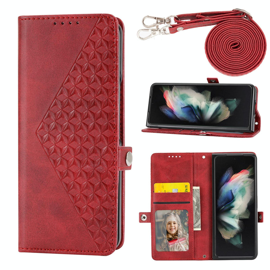 For Samsung Galaxy Z Fold4 5G Leather Grid Texture Phone Case With Lanyard - Red