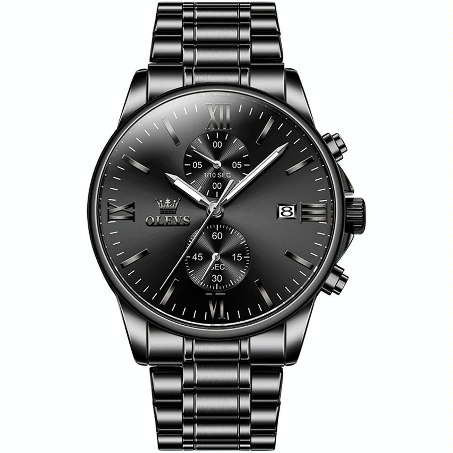 Waterproof Men Chronograph Quartz Watch with Luminous Dial - Black Silver Steel Strip