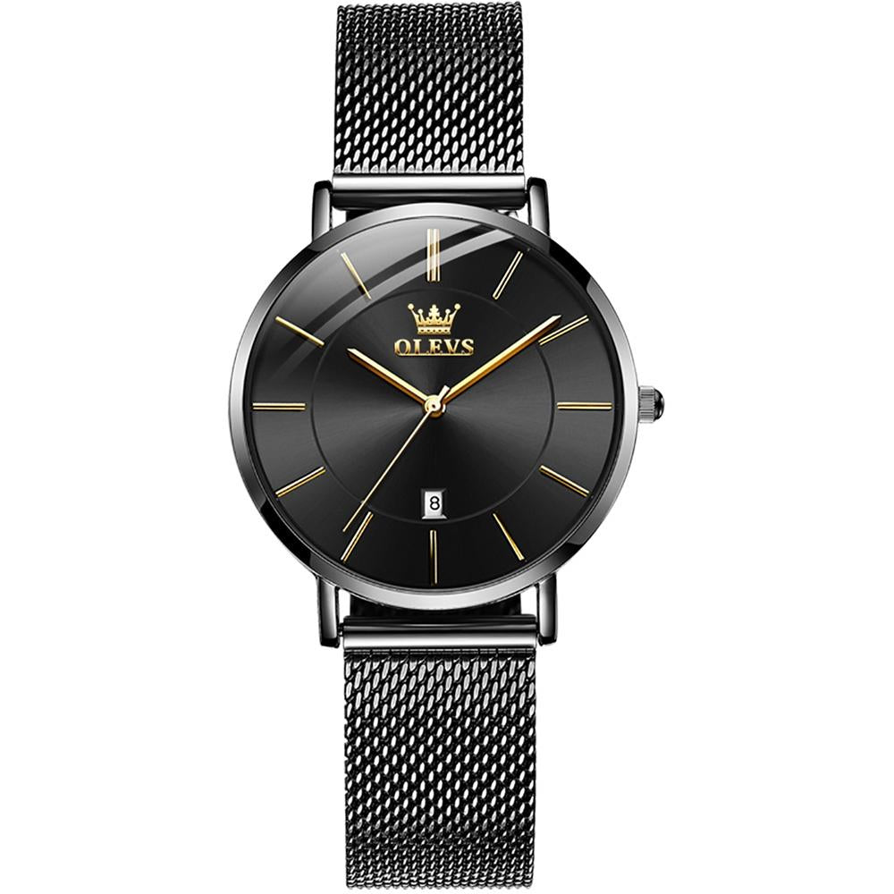 Waterproof Women Quartz Watch with Steel Strap - Black