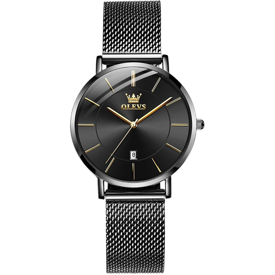 Waterproof Women Quartz Watch with Steel Strap - Black