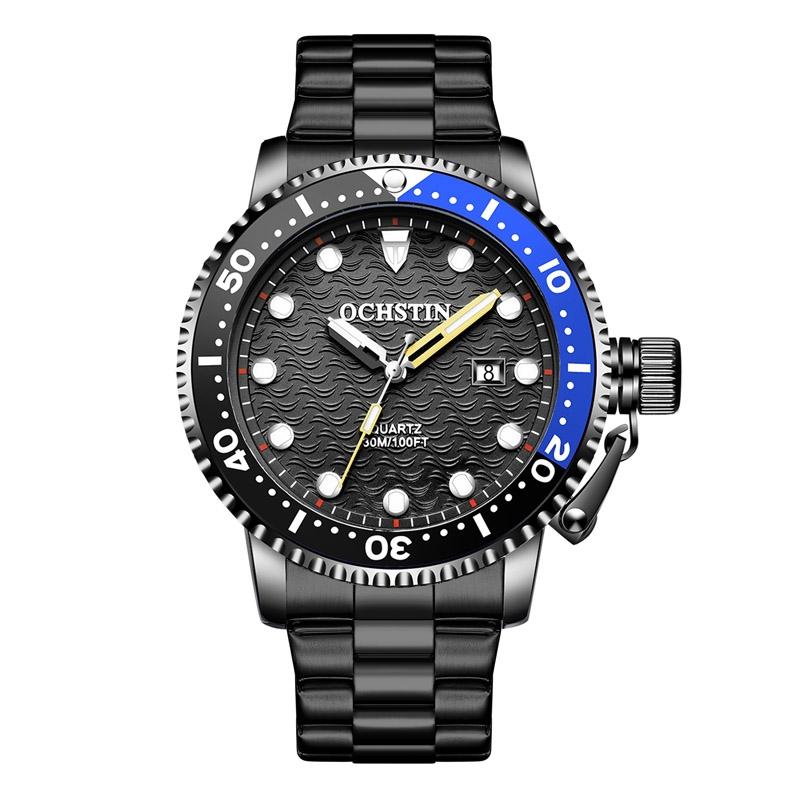 Waterproof Luminous Men Watch with Steel Strap - Multifunctional Quartz - Black