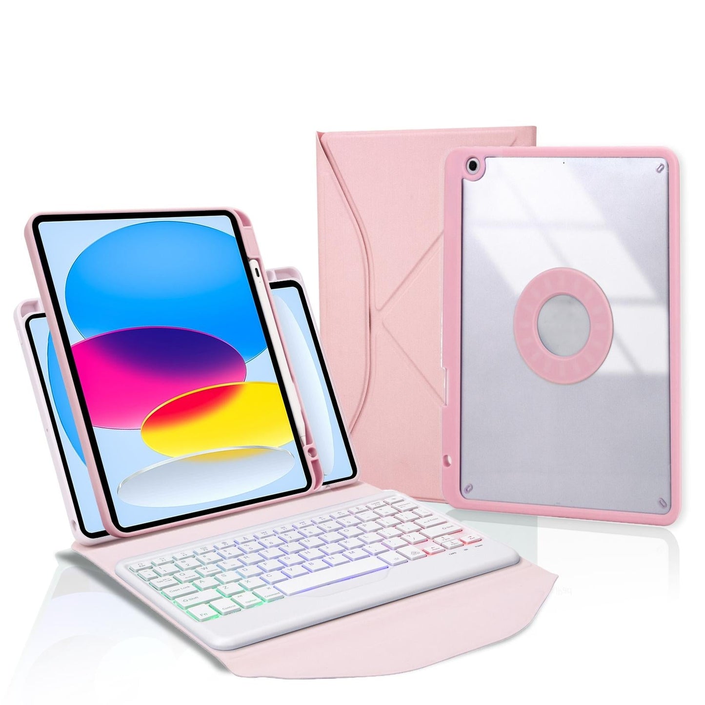 Bluetooth Keyboard Leather Tablet Case With Pen Slot And Backlight - Pink