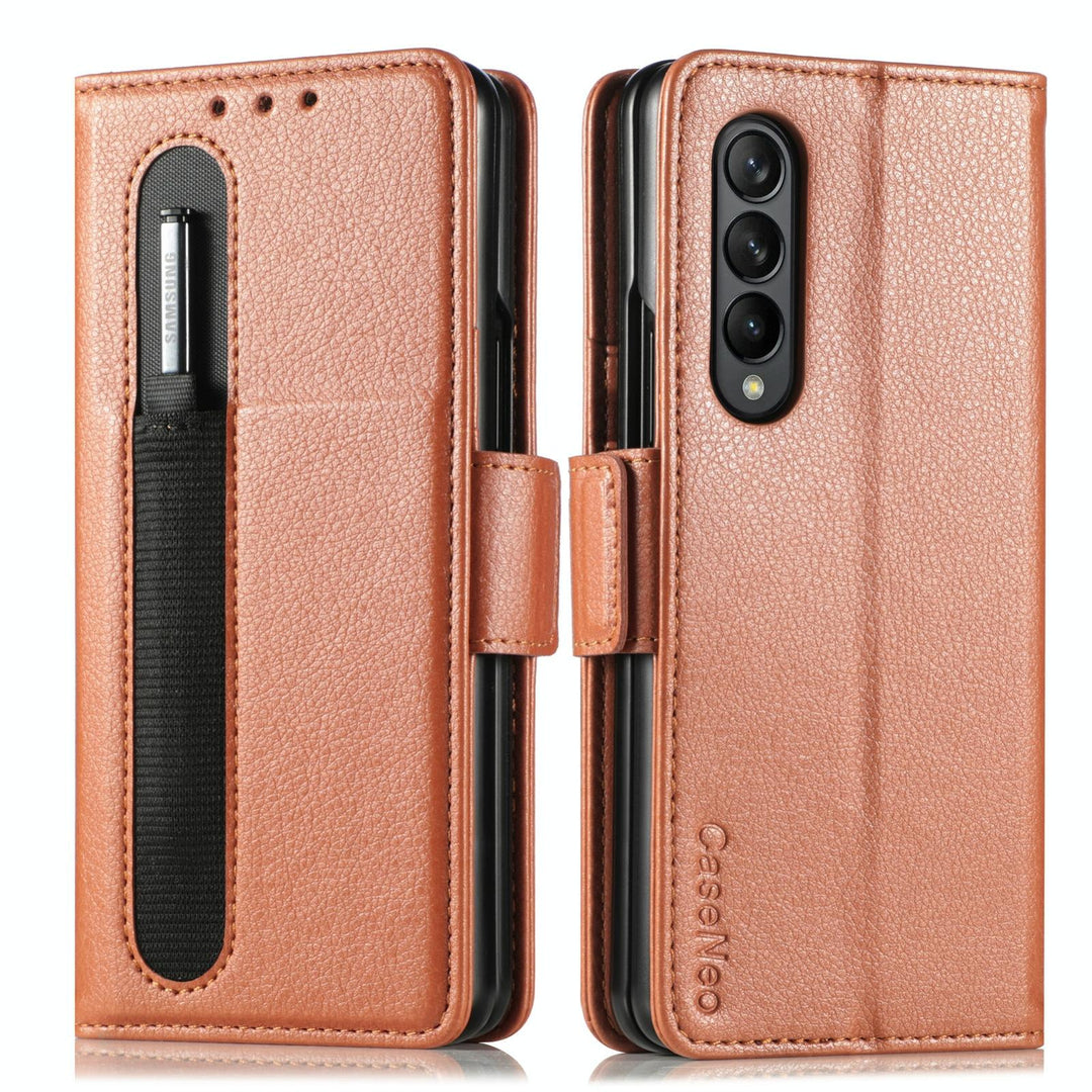 For Samsung Galaxy Z Fold4 5G Litchi Pattern Case With Pen And Card Slots - 4 - Brown