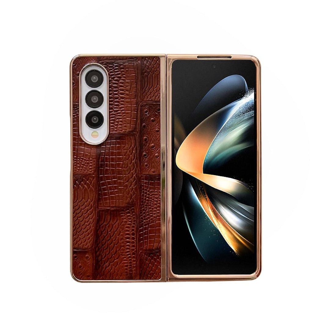 For Samsung Galaxy Z Fold4 5G Leather Mahjong Phone Case - Electroplated - Brown