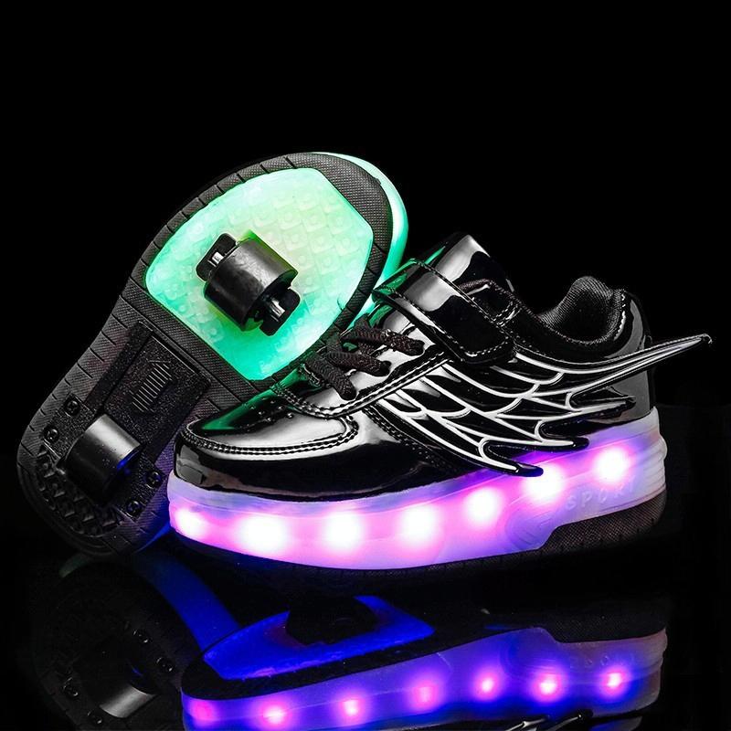 Double Wheel Led Roller Skates - Size 39 Wing Design - Black