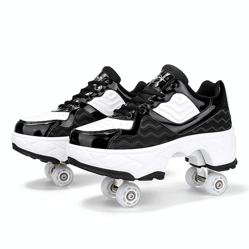 Retractable Dual-purpose Roller Skates - Size 33 Deformable Four-wheel - Df09 Black - 34