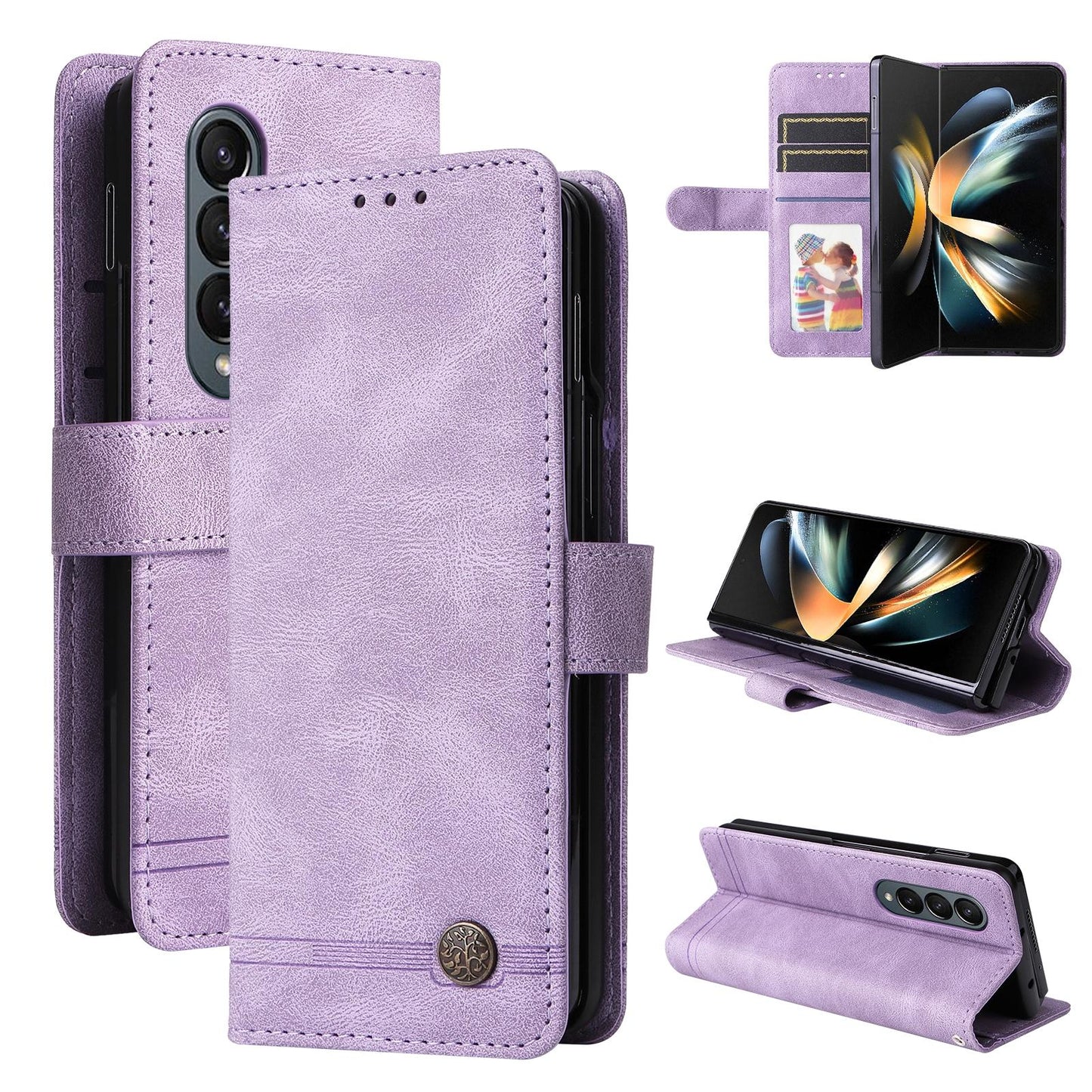 For Samsung Galaxy Z Fold4 5G Metal Button Leather Case - Tree Design - Purple