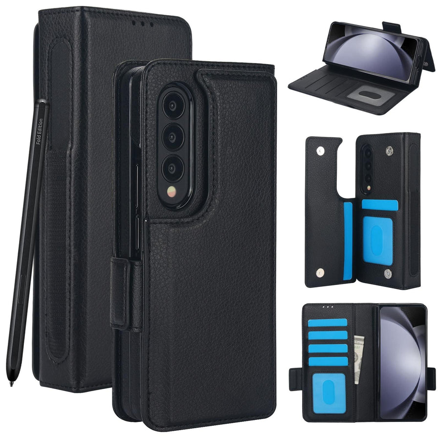 For Samsung Galaxy Z Fold4 5G Leather Phone Case With Pen Slot - Black