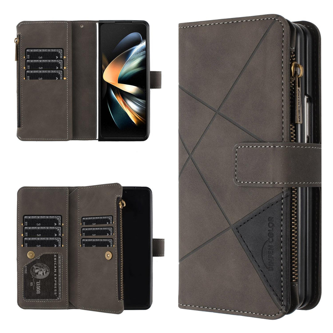 For Samsung Galaxy Z Fold4 5G Leather Zip Wallet With Rhombus Texture - Grey