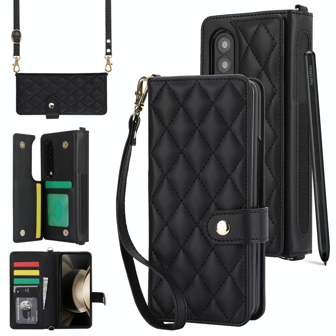 For Samsung Galaxy z Fold4 5G Multifunctional Rhombic Leather Crossbody Phone Case - Black