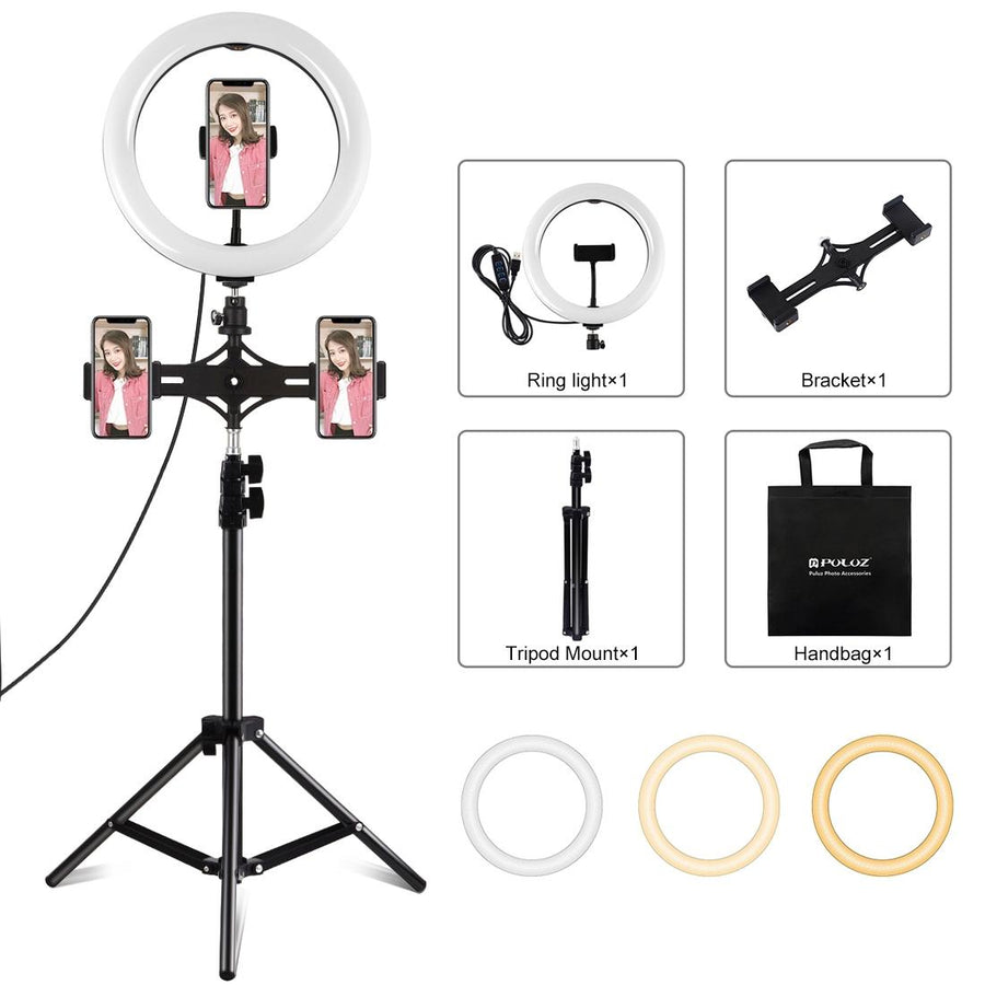Horizontal Dual Phone Brackets with Tripod Mount & Led Ring Light Kit for Vlogging and Live Broadcasts