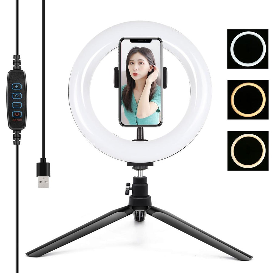 7.9 Led Ring Light with Tripod and Phone Clamp - 3 Modes Dimmable Dual Colour Temperature - Black