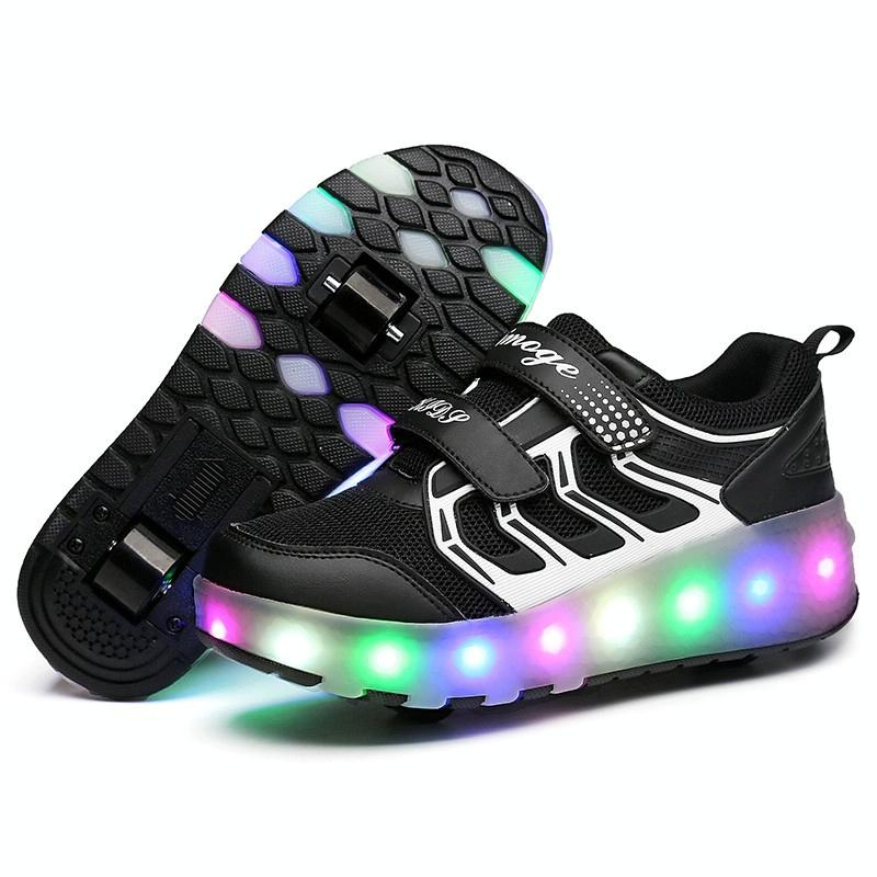 Rechargeable Double Wheel Roller Skating Shoes - Ultra Light Mesh - Black - Size 41