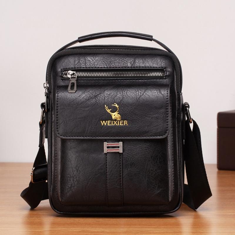 Retro Pu Leather Men Crossbody Bag Large Capacity Business Handbag - Black
