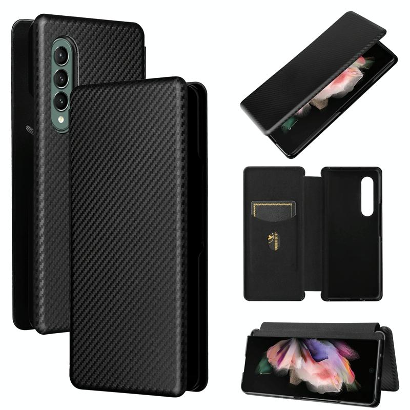 For Samsung Galaxy Z Fold4 5G Carbon Fiber Flip Leather Case - Black
