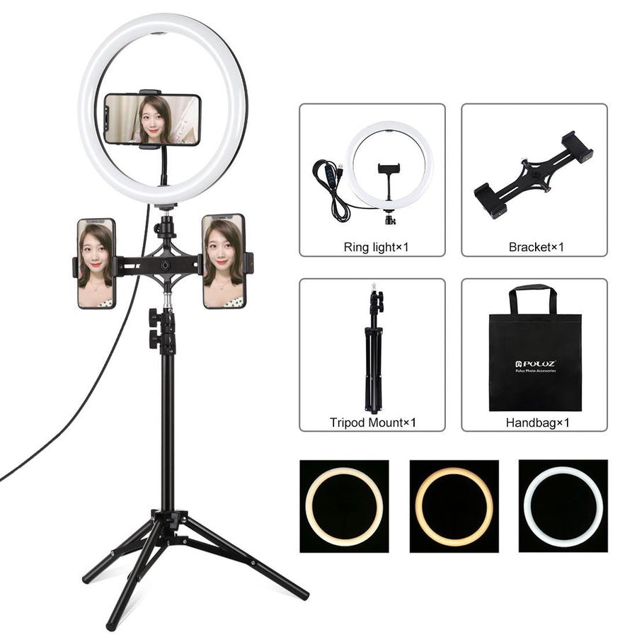 11.8 Led Ring Light with Tripod & Dual Phone Brackets - Usb 3 Modes Dual Colour Temperature - Vlogging & Live Broadcast 