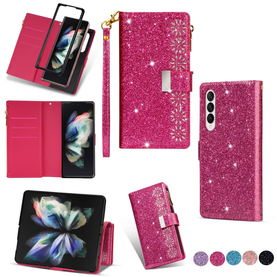 For Samsung Galaxy Z Fold4 5G Sparkling Leather Zip Case - Zipper Closure - Rose Red