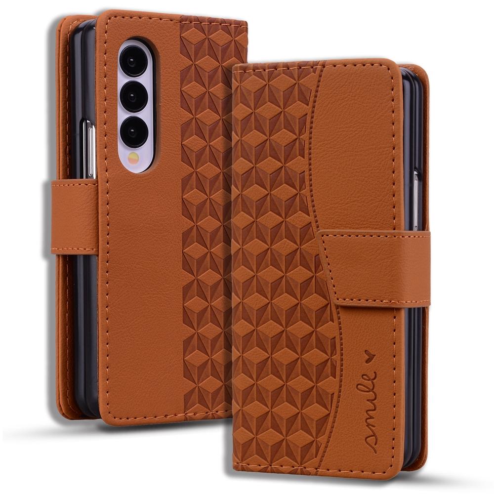 For Samsung Galaxy Z Fold4 5G Leather Phone Case With Diamond Buckle And Lanyard - Brown