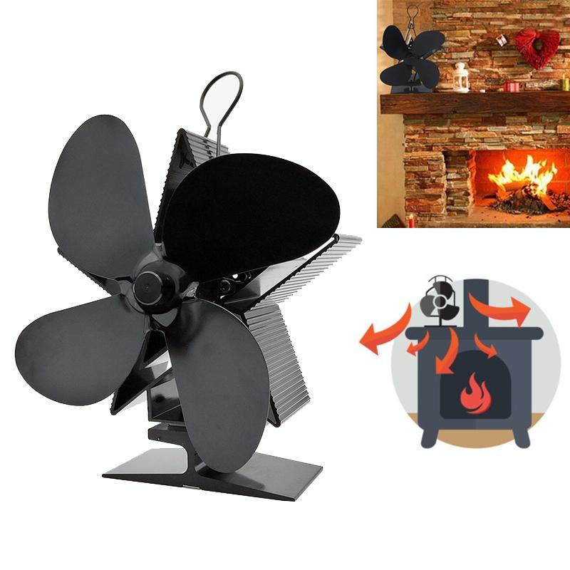 Efficient 4-blade Heat-powered Stove Fan - Aluminum - Black