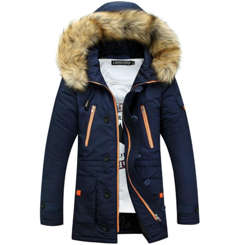 Long Section Cotton Suit Men Plus Velvet Thick Warm Jacket Large Fur Collar Coat Lovers Jacket - Size Xxxxl - Navy