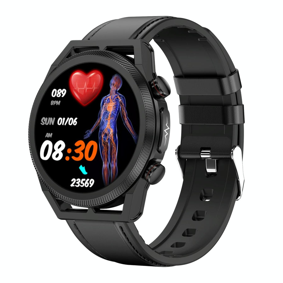 1.39 Inch Ips Screen Ip67 Waterproof Leather Band Smart Watch Support Body Temperature Monitoring / Ecg - Black